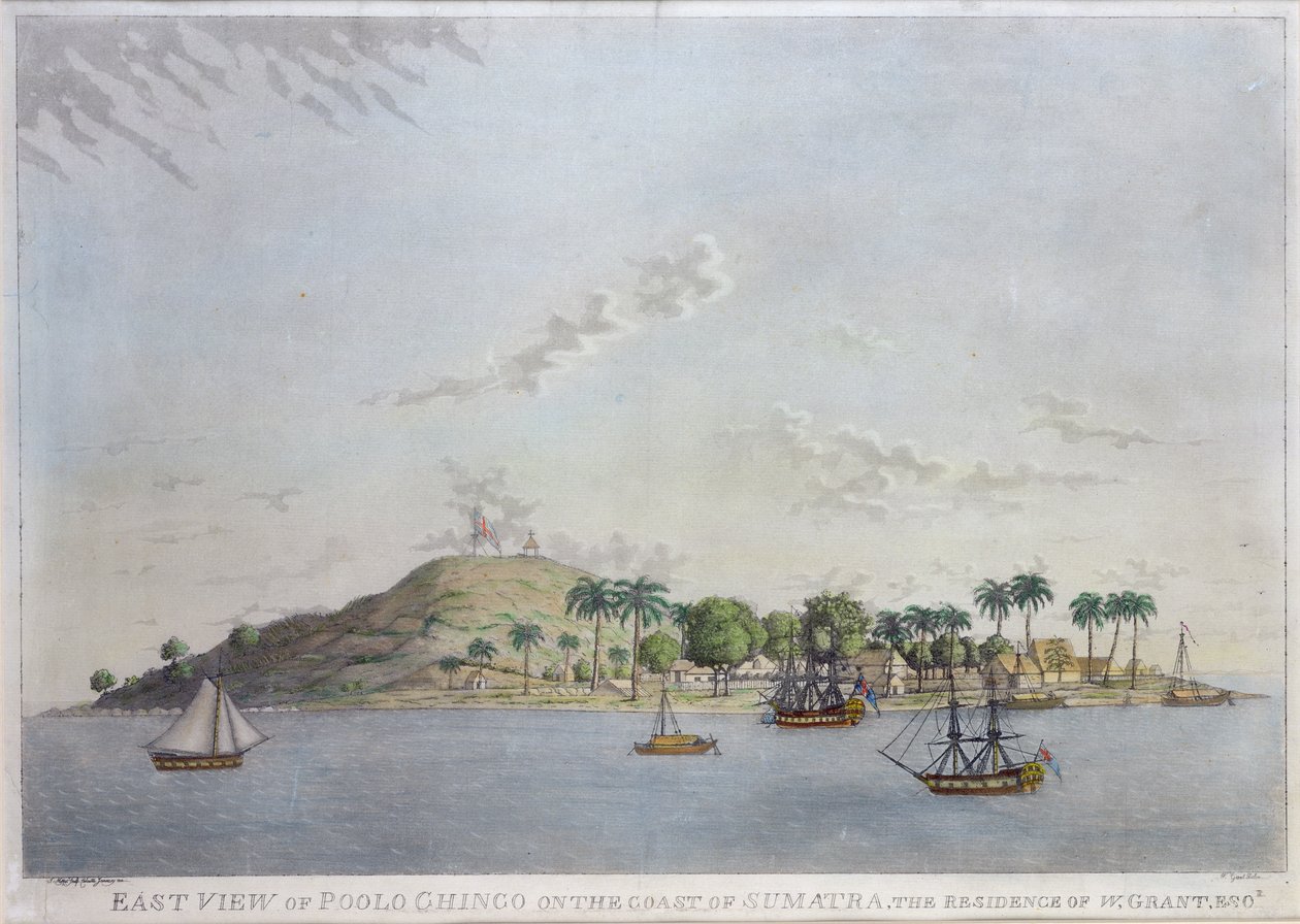 East View of Poolo Chinco na pobřeží Sumatry, rezidence W. Granta Esq., vyryto Jamesem Moffatem, 1802 (ručně kolorovaná akvatinta) od William James Grant