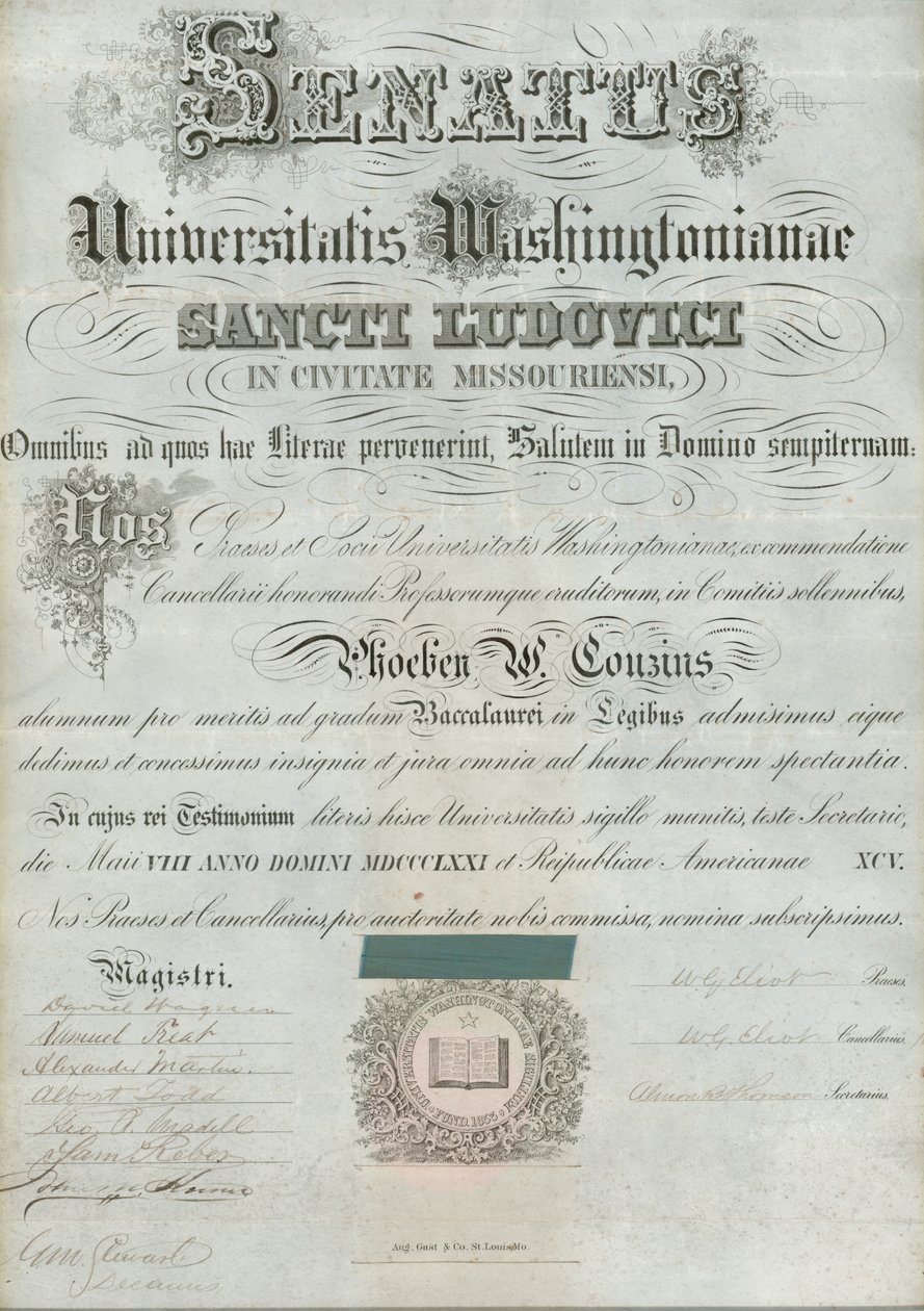 Diplom Washingtonské univerzity Phoebe Couzins, podepsaný prezident W.G. Eliot et al., 8. května 1871 od William Greenleaf Eliot