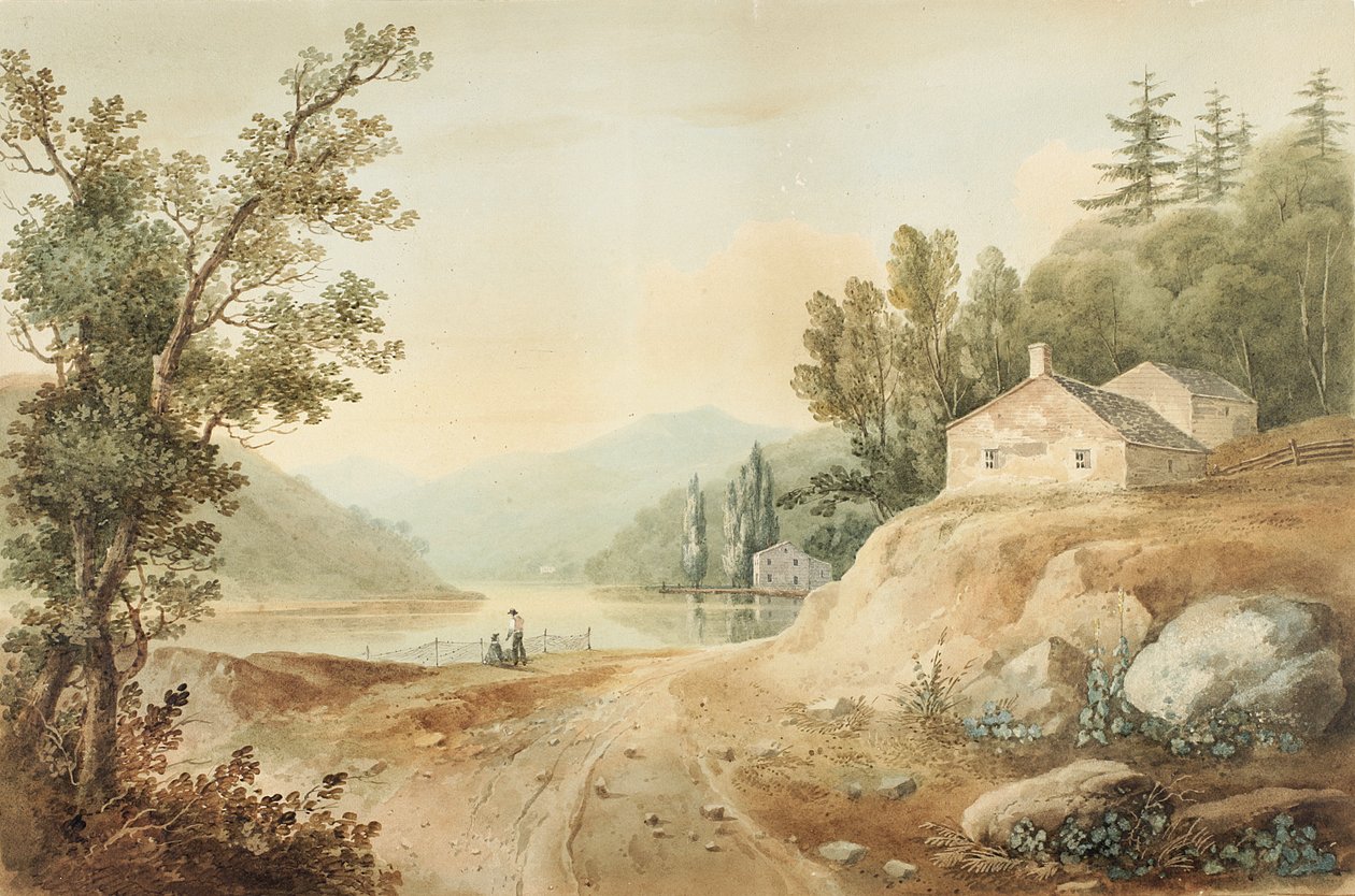Pohled poblíž Fishkill, New York: Přípravná studie pro desku 17 The Hudson River PortFolio, 1820 (akvarel, grafit, selektivní glazura a škrábání s doteky kvaše na papíře, položené o od William Guy Wall