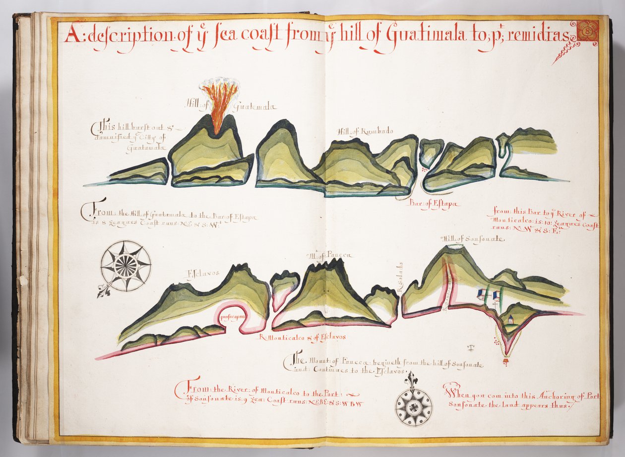Ms Elkins 169 Popis mořského pobřeží od kopce Guatemala po... Ilustrace z Wagoner of the Sea (pero a inkoust s wc na papíře) od William Hack