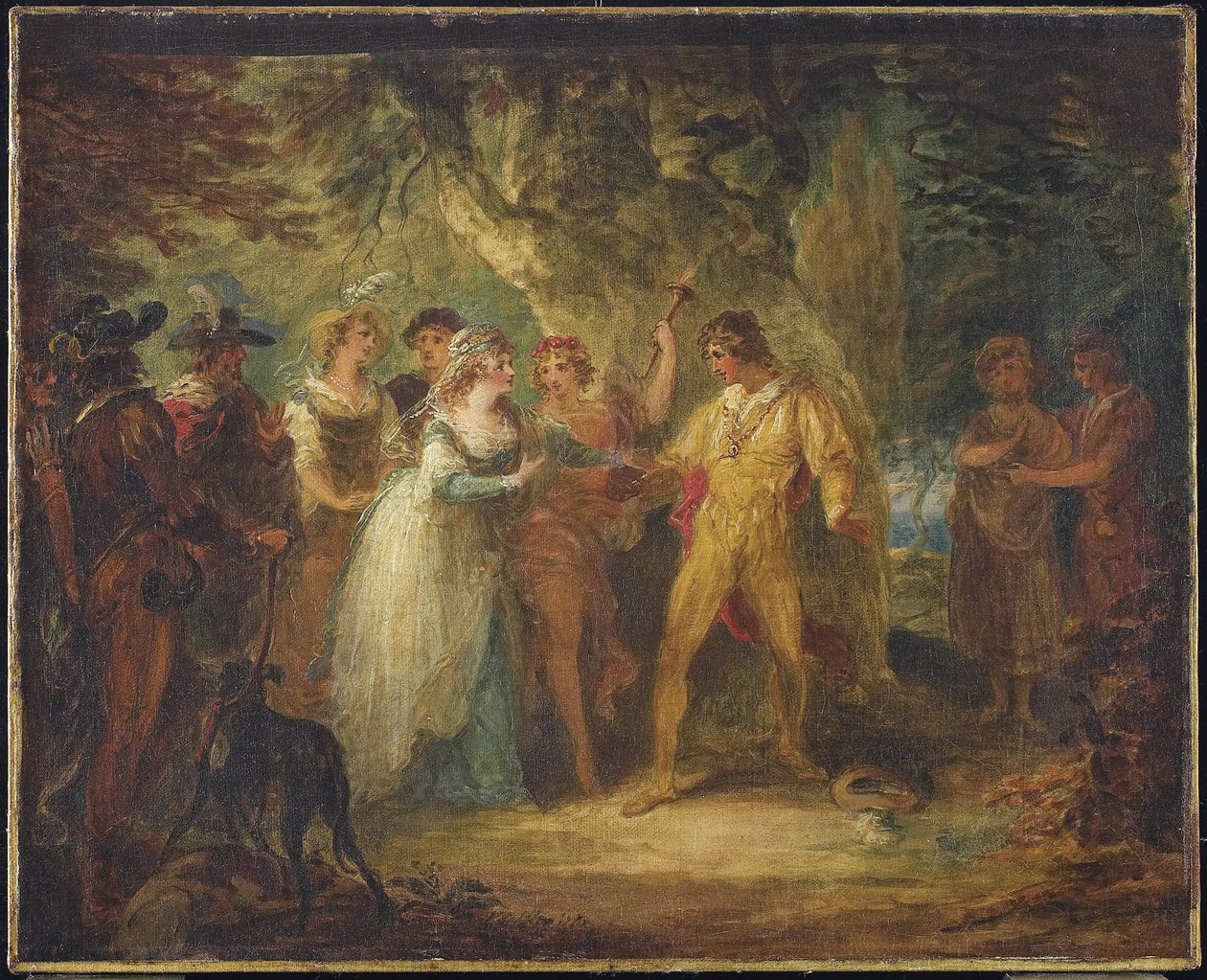 Rosalind a Orlando (V. dějství, scéna IV ze Shakespeares, jak se vám líbí), kolem roku 1790 od William Hamilton