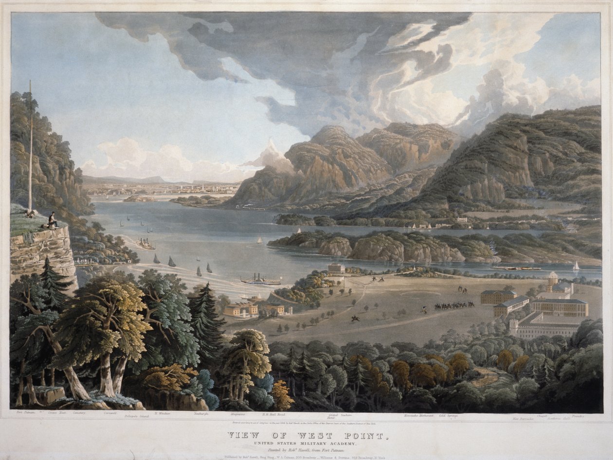 Pohled na West Point, United States Military Academy, 1848 (ručně kolorovaná akvatinta a rytina na tkaném papíře) od William Havell