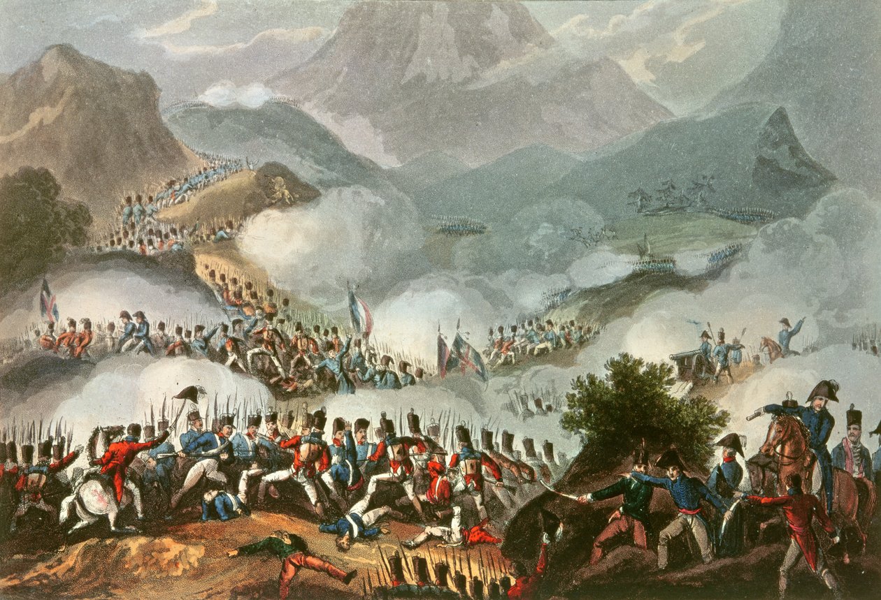 Bitva o Pyreneje, 28. července 1813, z „Válečné úspěchy Velké Británie a jejích spojenců v letech 1799 až 1815“, James Jenkins, vyryto Thomasem Sutherlandem (b.c.1785) (barevná rytina od William Heath