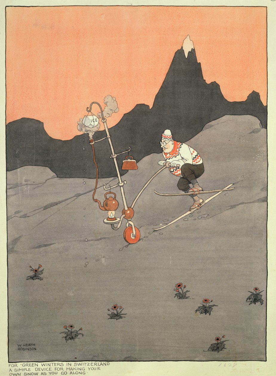 Pro zelené zimy ve Švýcarsku – jednoduché zařízení pro výrobu vlastního sněhu za pochodu od William Heath Robinson