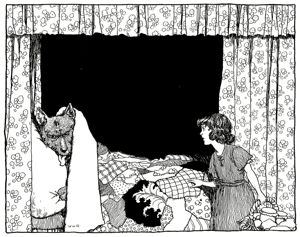 Červená karkulka šla k posteli, ilustrace z Old Time Stories od Charlese Perraulta, hospoda. od Constable & Co Ltd, 1921 od William Heath Robinson