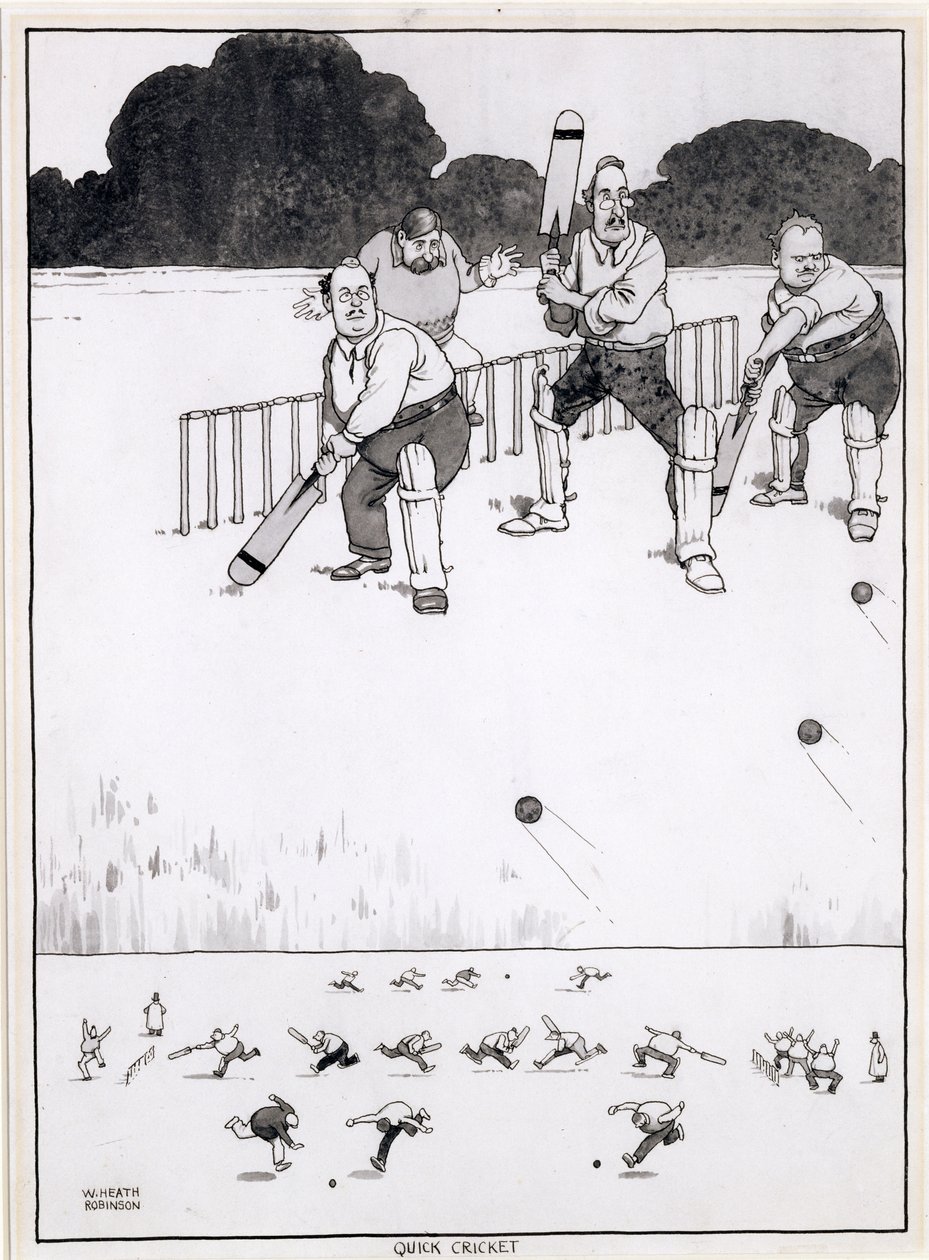 Rychlý kriket, nová metoda, jak dát šanci oběma stranám, ilustrace pro The Bystander, květen 1927 (pero, inkoust a wc) od William Heath Robinson
