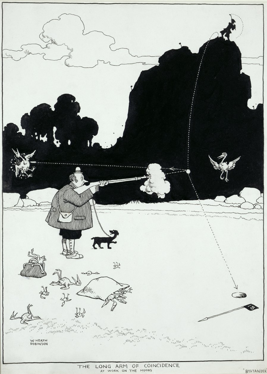 The Long Arm of Coincidence at Work on the Moors, ilustrace pro The Bystander, srpen 1922 (pero a inkoust) od William Heath Robinson