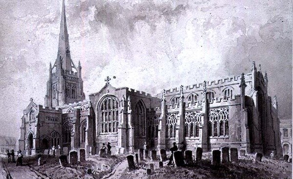 St. John the Baptist, Thaxted, Essex, Pohled z jihozápadu od William Henry Bartlett