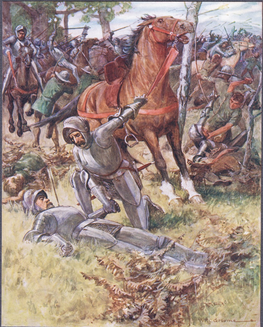 Poté, co opustil život, Earl Percy vzal mrtvého za ruku, ilustrace z Balads of Famous Fights, kolem roku 1900 od William Henry Charles Groome