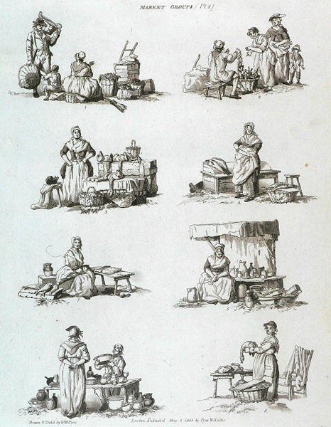 Market Groups, od Microcosm, Vol.II, rytý J. Hill, c.1806 od William Henry after Pyne