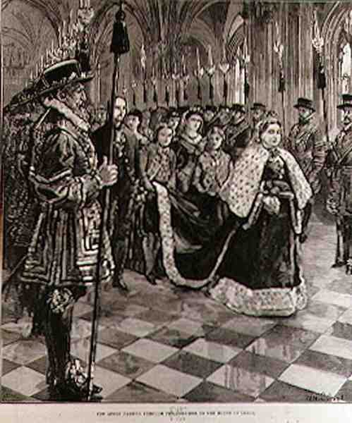 Královna procházející chodbou do Sněmovny lordů, z The Illustrated London News, 30. ledna 1886 od William Heysham after Overend