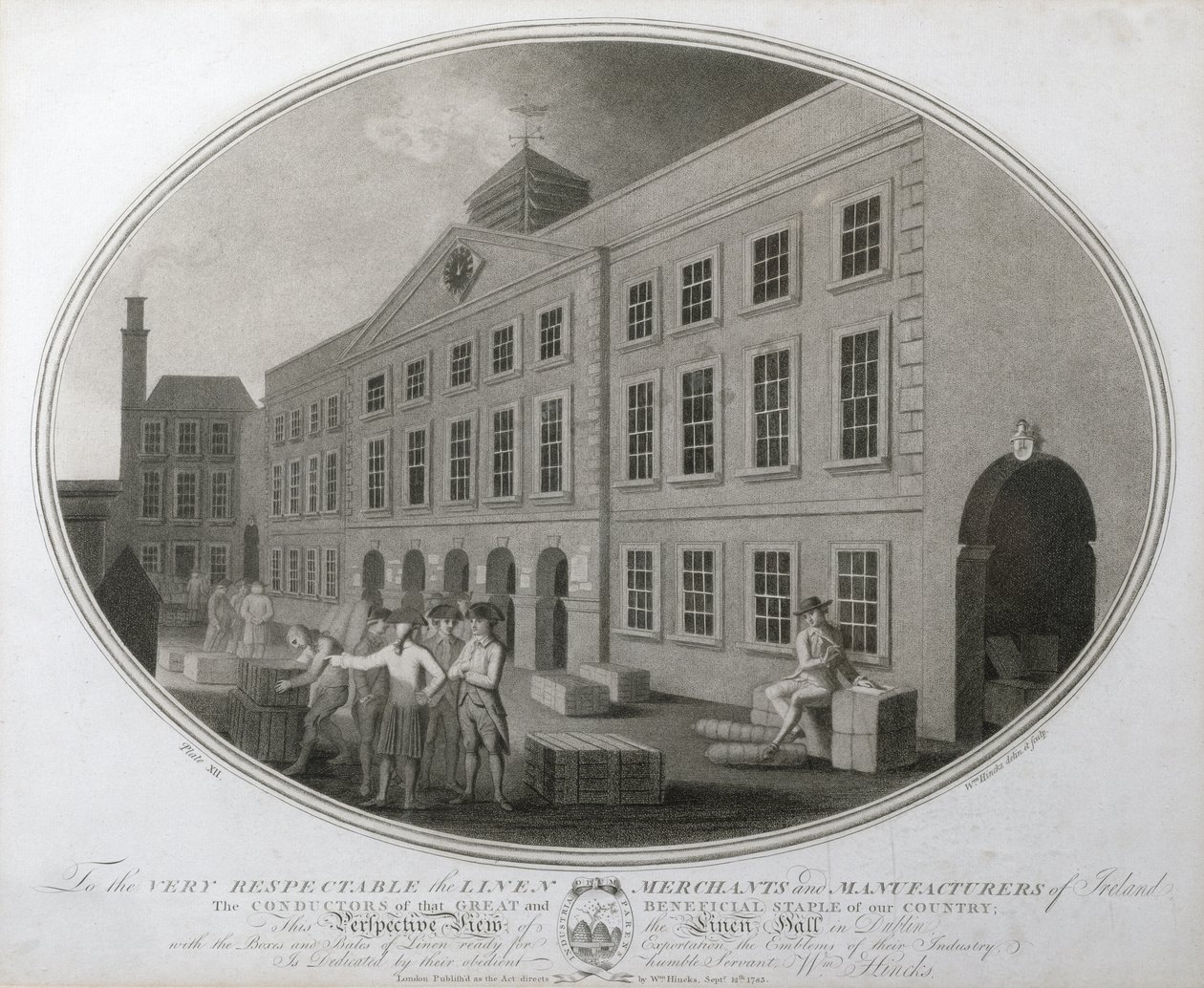 Perspektivní pohled na Linen Hall v Dublinu, deska XII z The Linen Manufactory of Ireland, 1783 (mezzotinta) od William Hincks