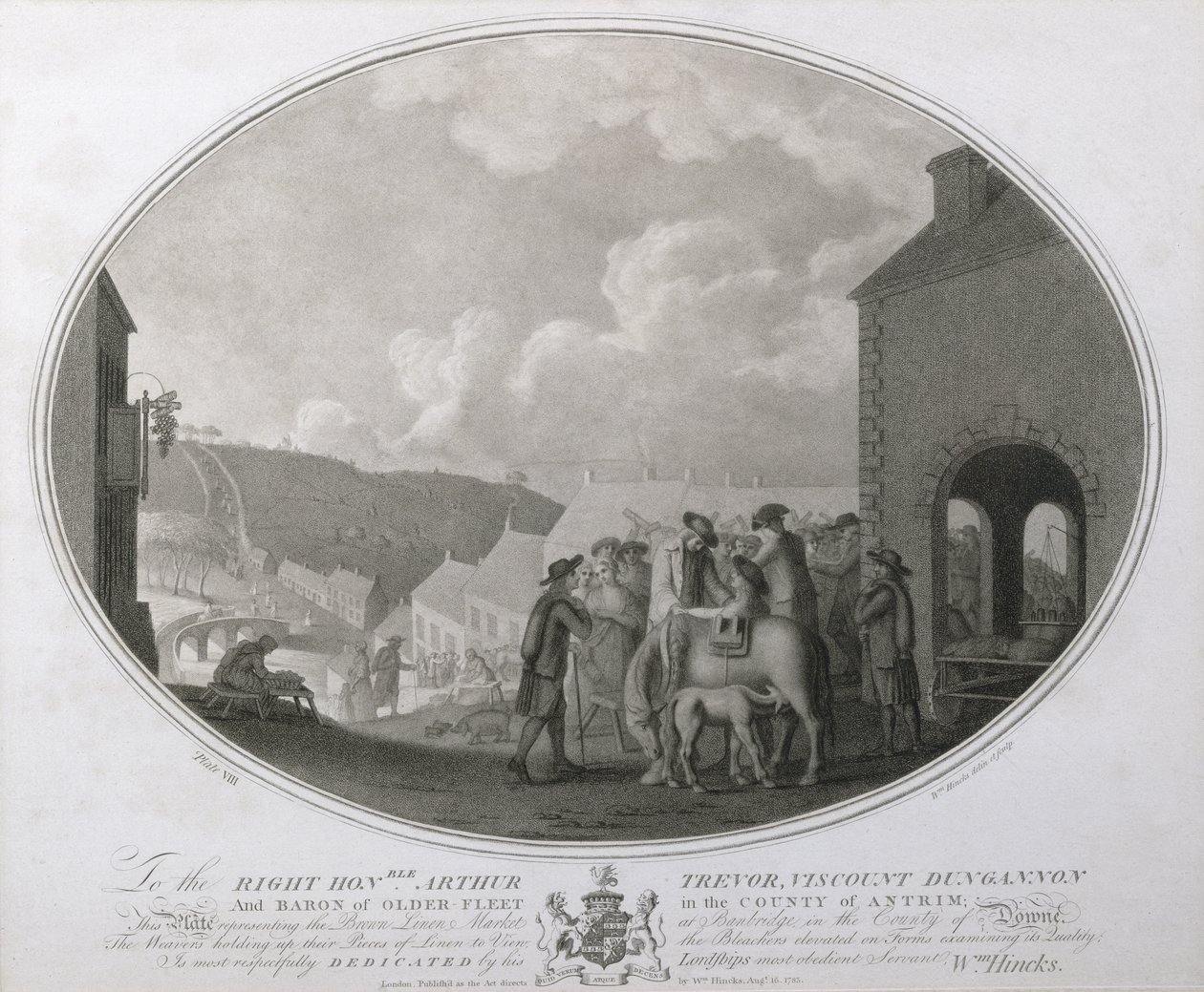 Trh hnědého prádla v Banbridge v hrabství Antrim, deska VIII The Linen Manufactory of Ireland, 1783 (mezzotinta) od William Hincks