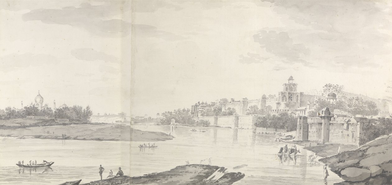 Pohled na pevnost Agra na řece Jumna od severovýchodu, kolem roku 1783 (šedá barva a tužka na papíře) od William Hodges