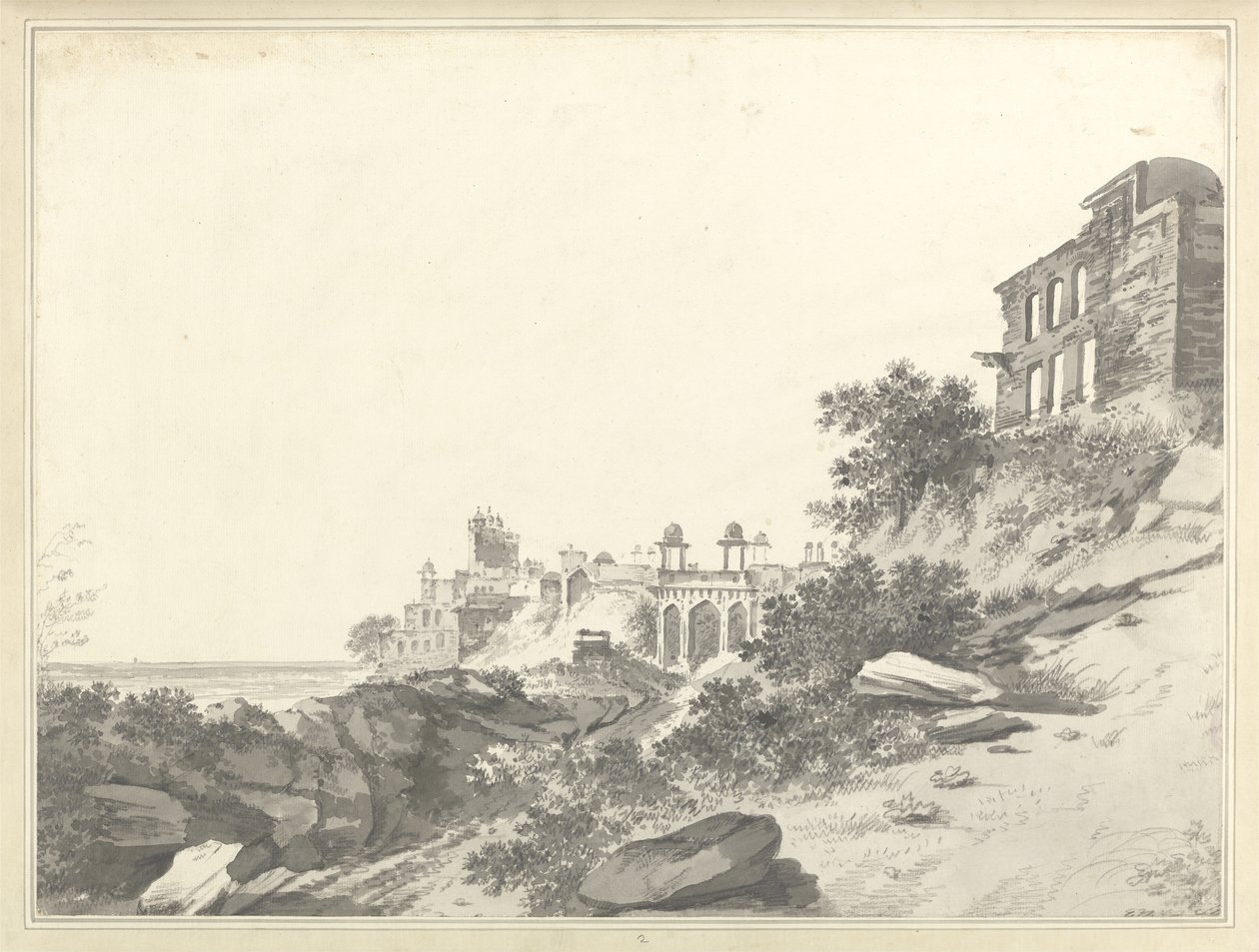 Pohled na ruiny paláce a mešity ve Fatehpur Sikri, kolem roku 1783 (praní a grafit na papíře) od William Hodges