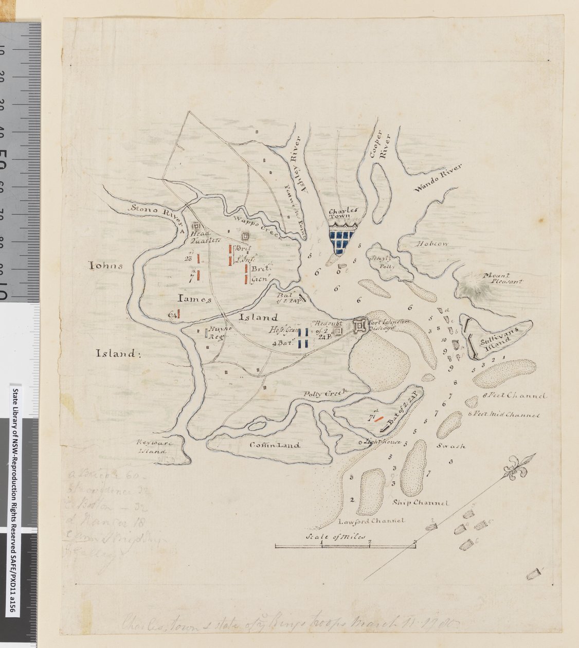 Strana 37b Mapa Charlestownu a státu královských vojsk, 11. března 1780 (tužka, pero a inkoust) od William Hodges
