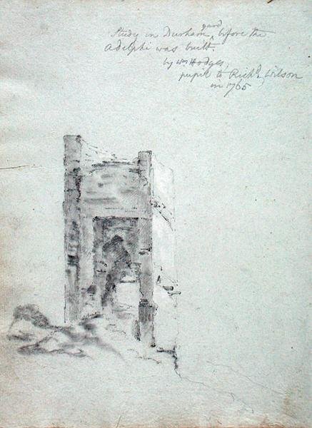 Studie v Durhamském dvoře před postavením Adelphi, z italského náčrtníku patřícího Richardu Wilsonovi (1714-82) (křída na papíře) od William Hodges