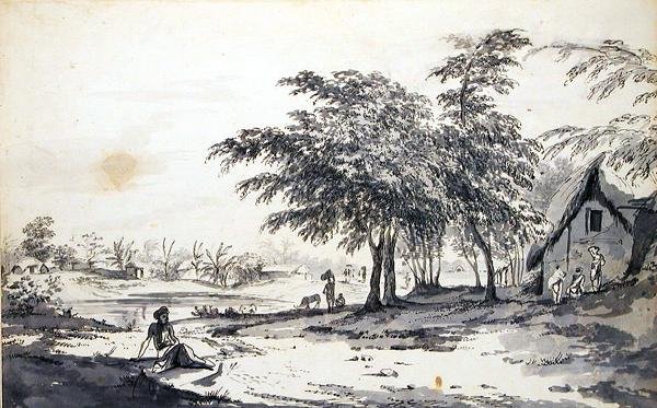 Pohled na indiánskou vesnici s mužem sedícím v popředí, kolem 1781-83 (šedý lavír, pero a černý inkoust a grafit na položeném papíře) od William Hodges
