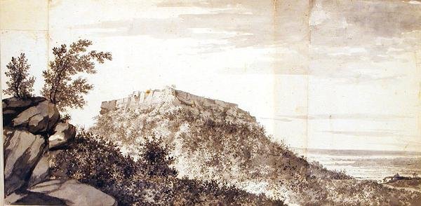 Pohled na pevnost Bidjegur (Bijagarh) kolem roku 1781 (šedá barva a grafit na spojených kusech lepeného papíru) (viz také 174459) od William Hodges