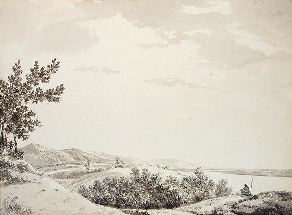 Pohled na Rajmahal Hills s Sentenialem v popředí, kolem roku 1781 (šedý lavír, pero a černý inkoust a grafit na papíře) od William Hodges