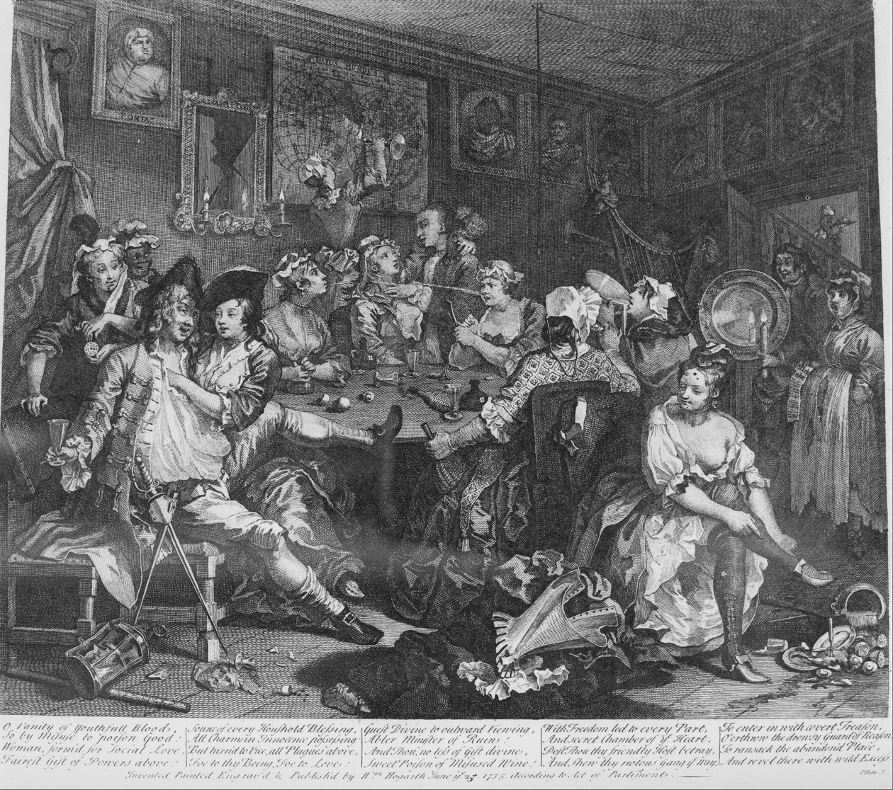 Hrábě Progress, talíř 3, scéna Tavern od William Hogarth