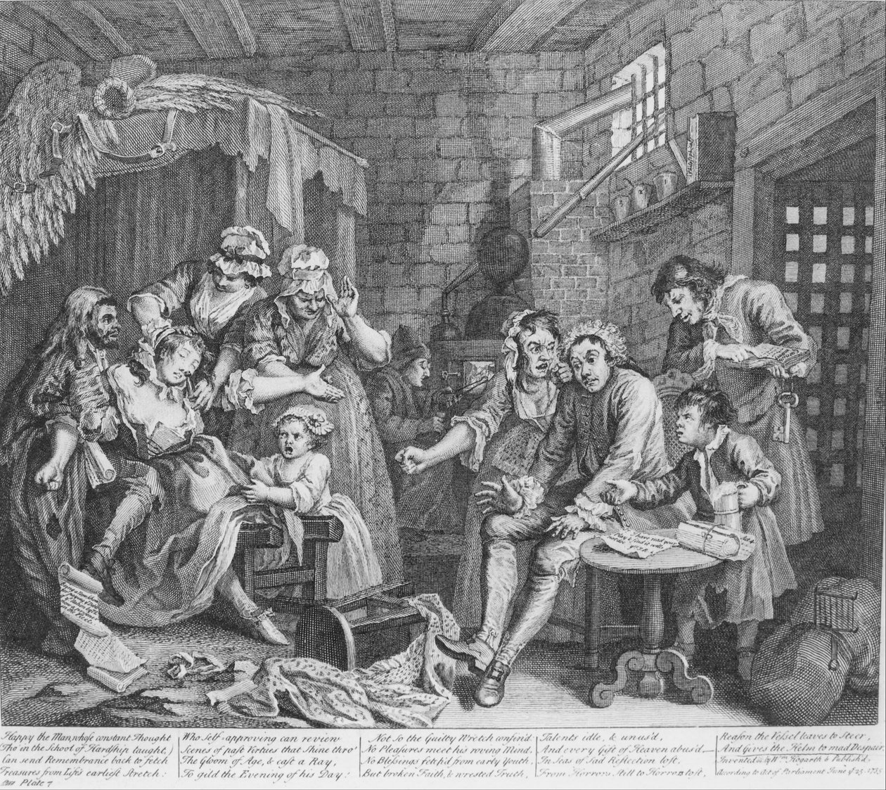 Hrábě Progress, talíř 7, vězeňská scéna od William Hogarth