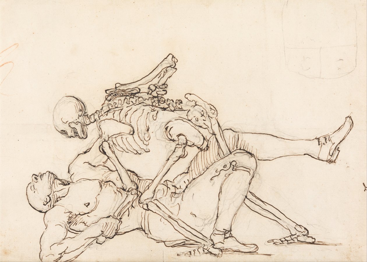 Epitaf George Taylora- smrt dávající Georgovi Taylorovi zkřížený hýždě od William Hogarth