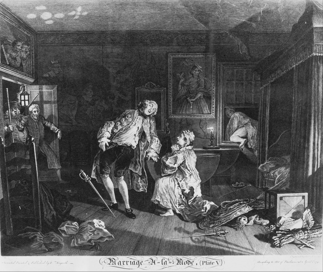 Manželství à la Mode, talíř 5, (Smrt hraběte) od William Hogarth