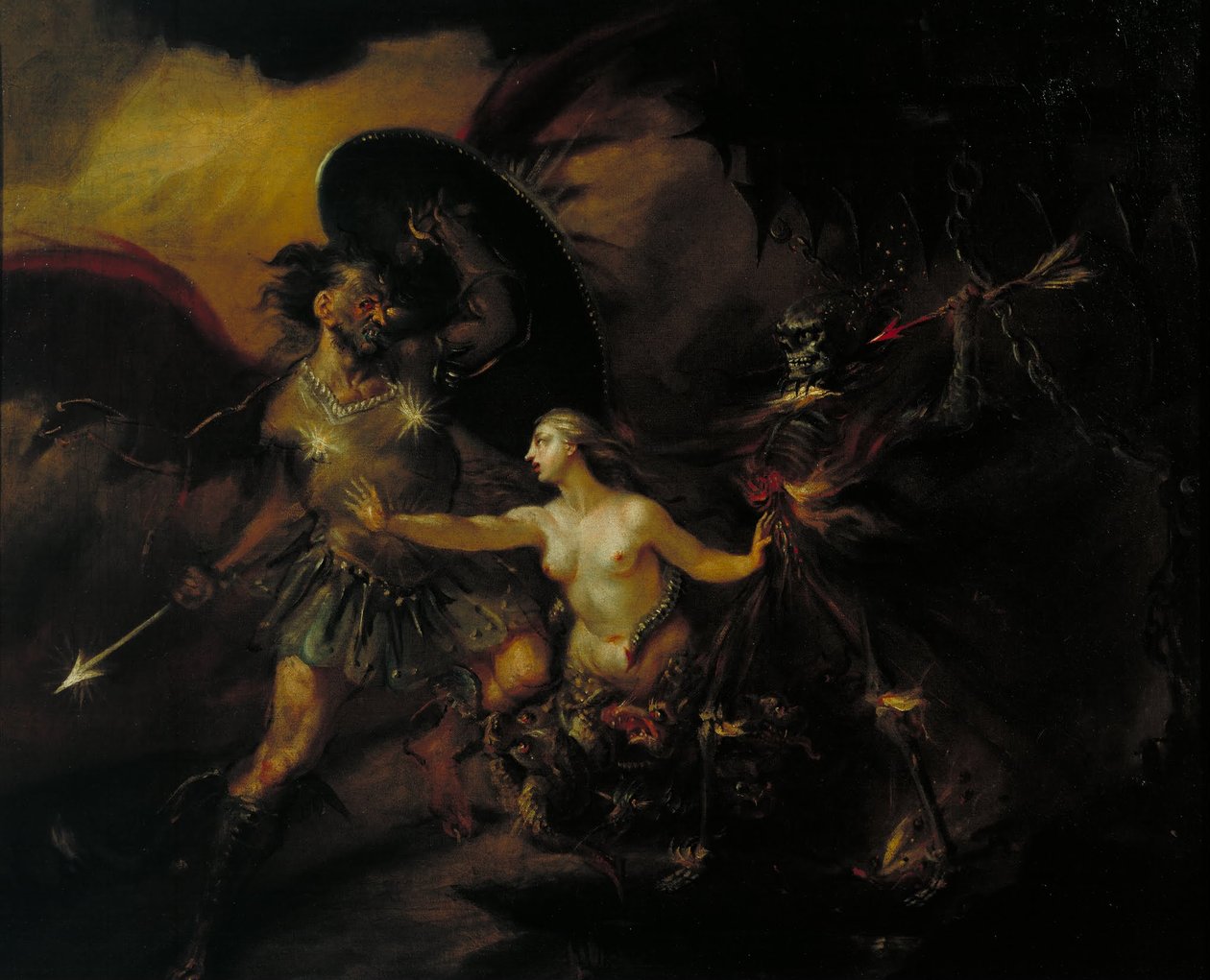 Satan, hřích a smrt (scéna z Miltonova ráje ztraceného) od William Hogarth