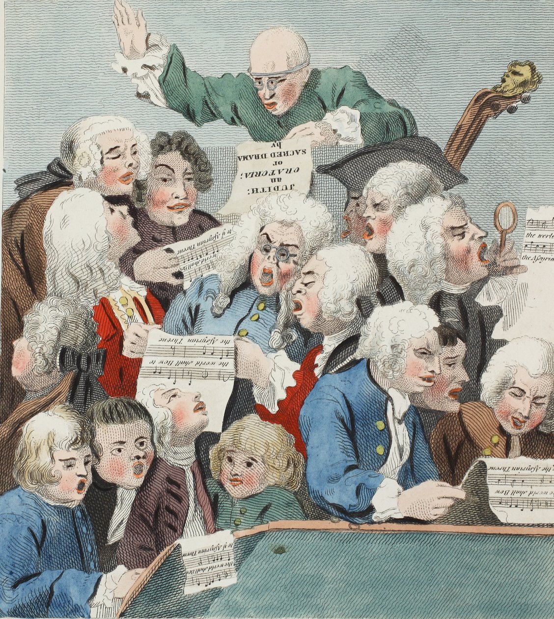 Sbor neboli zkouška oratoria Judita, ilustrace z knihy "Hogarth Restored: Hogartha, přebásněné Thomasem Cookem", vyd. 1812 (ručně kolorovaná rytina). od William Hogarth