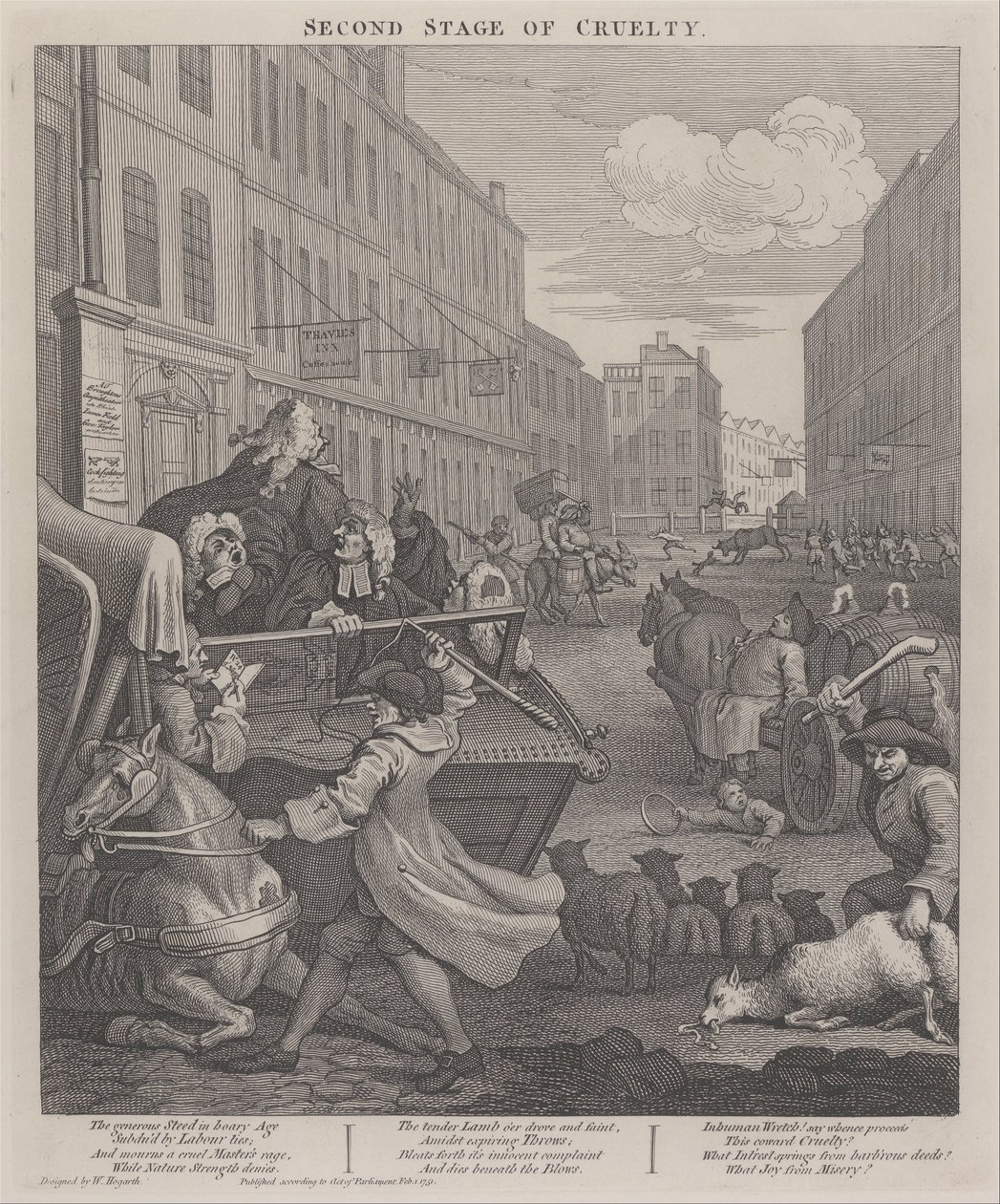 Druhá fáze krutosti- kočí mlácení padlého koně od William Hogarth