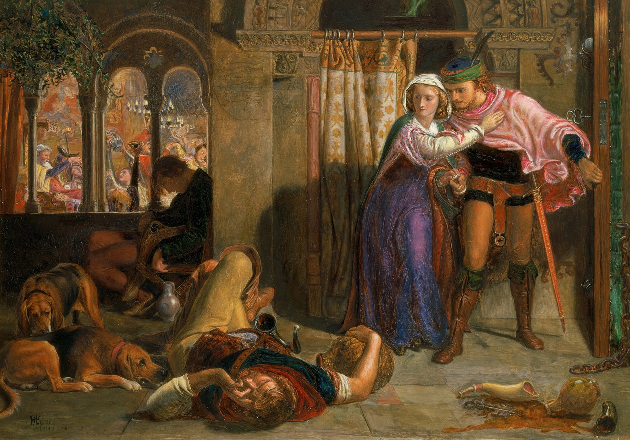 Let Madeline a Porphyro během opilosti účastnící se veselí (The Eve of St. Agnes) od William Holman Hunt