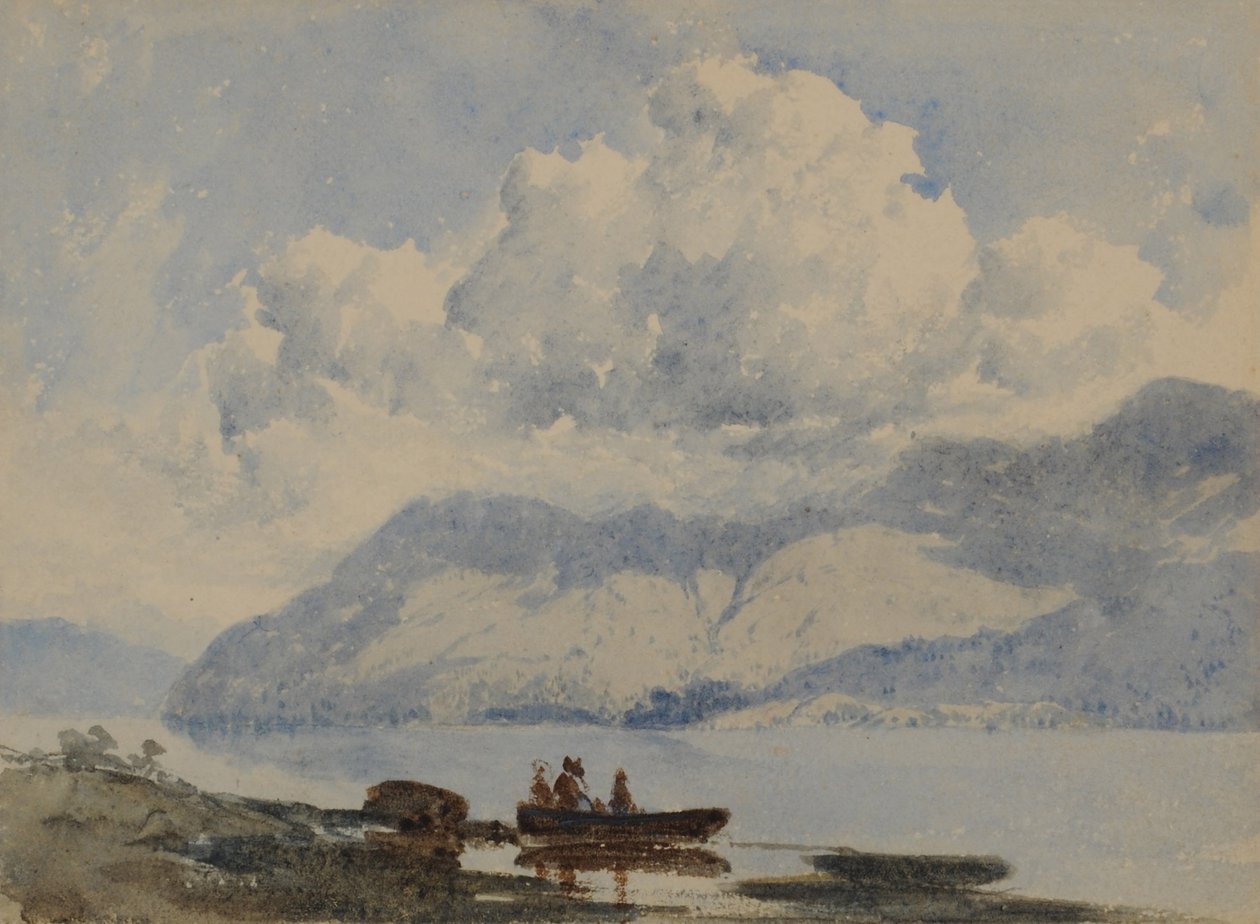 Jezero s lodí a figurkami, 1840-58 (wc na papíře) od William James Blacklock