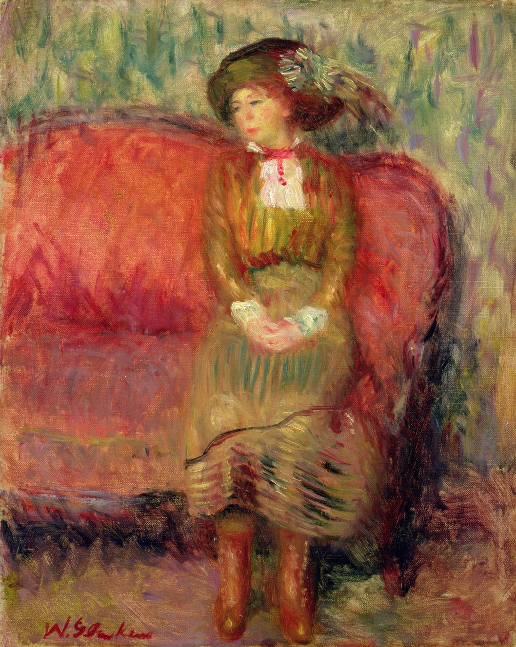 Dívka sedící na červené pohovce od William James Glackens