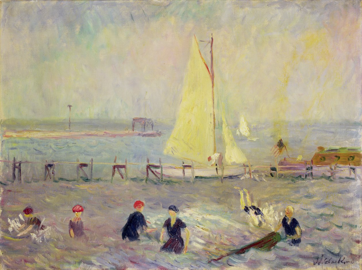 Krajina se dvěma plachetnicemi a šesti koupajícími se od William James Glackens