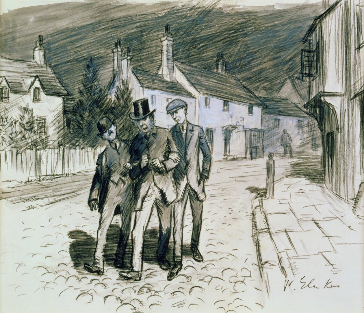 Pouliční scéna se třemi opilci (tužka a mytí na papíře) od William James Glackens