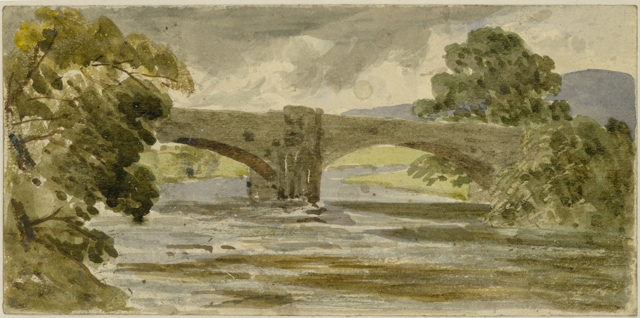 Krajina s mostem a stromy (akvarel na papíře (nalepený na kartě)) od William James Muller