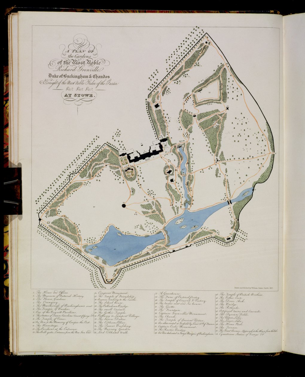Plán zahrad Richarda Grenvilla, vévody z Buckinghamu, ve Stowe, vyleptaný umělcem, 1827 od William James Smith