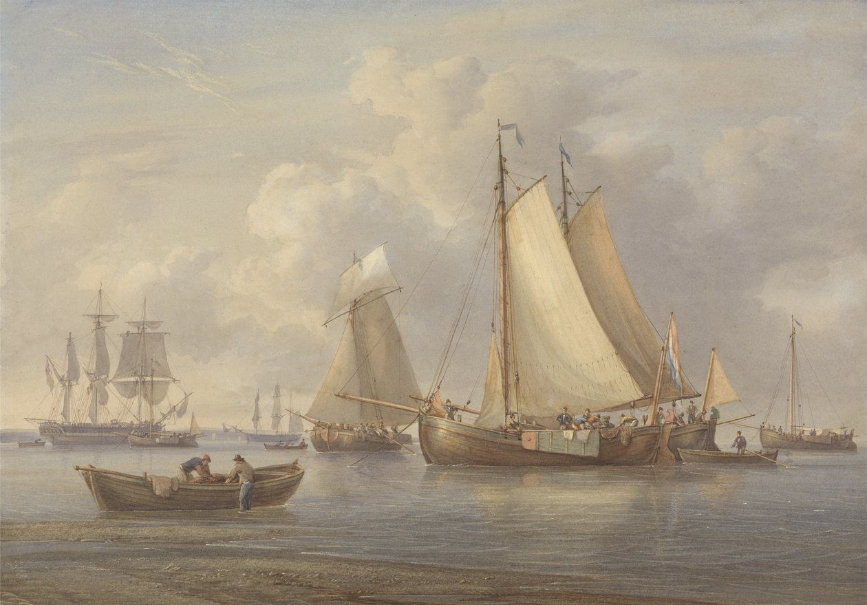 Holandské rybářské lodě v Anchor in an Estuary, cca 1850-60 (wc se škrábáním a lepidlem na papíře) od William Joy