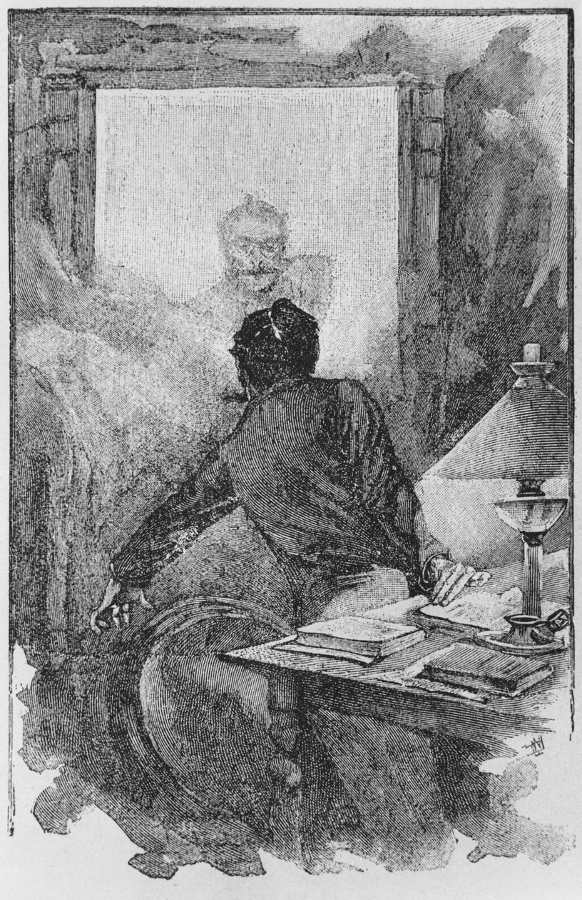Vypravěč a Horla, ilustrace z „Le Horla“ od Guye de Maupassanta (1850-93) rytý Georges Lemoine, Paříž, Edice Albin Michel, kolem roku 1910 (dřevoryt) od William Julian Damazy