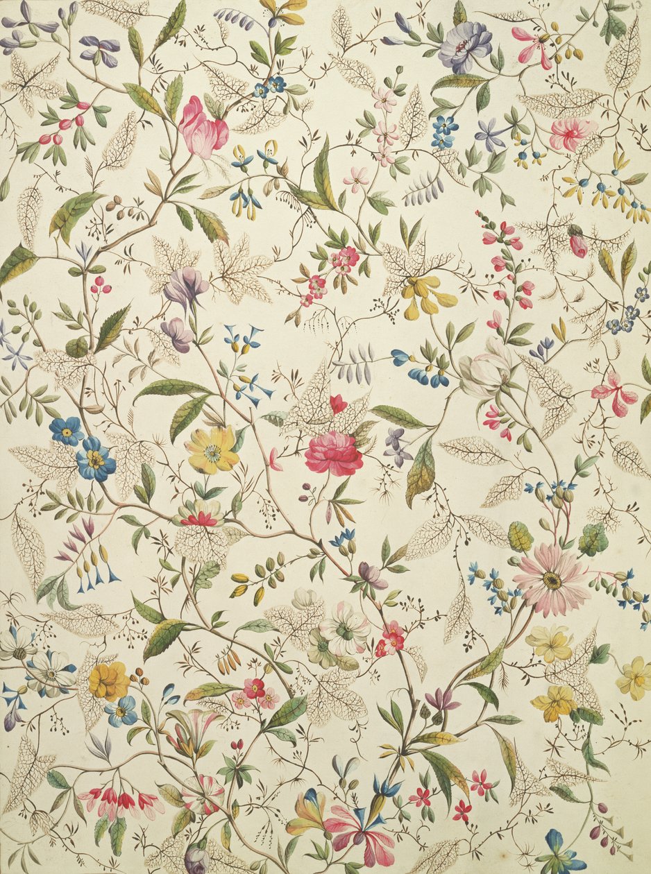 Návrh divokých květů na hedvábný materiál, cca 1790 od William Kilburn
