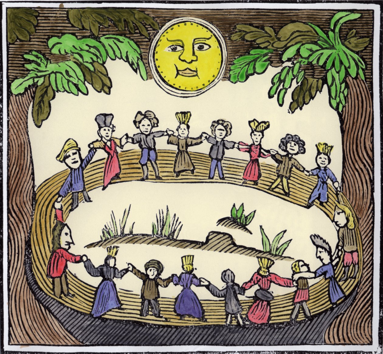 Kruh čarodějnic tančících pod úplňkem, ilustrace ze sbírky knih o esoterice (později kolorování) od William Linnell