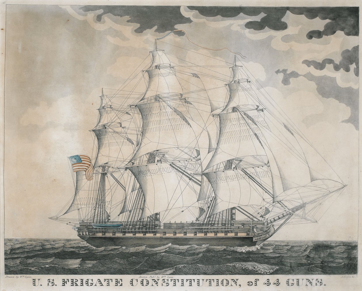 Ústava fregaty USA, 44 zbraní, vyryla Abelem Bowenem (nar. 1790) kolem roku 1812 (ručně kolorovaná rytina a akvatinta) od William Lynn
