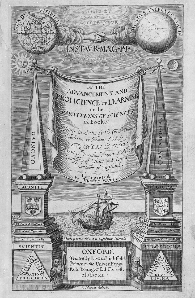Titulní strana k „Pokroku a odbornosti učení“ od Francise Bacona, 1640 od William Marshall