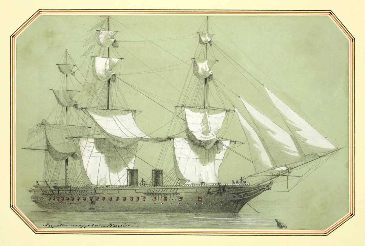 Warrior, první britská železná válečná loď, kterou vláda uvedla do provozu v roce 1859 a která byla na moři v roce 1861 (zvýrazněno bílou tužkou) od William McConnell