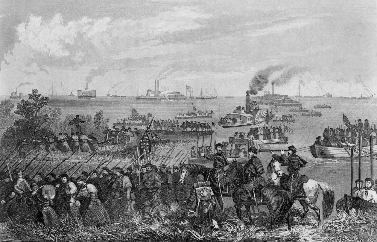 Vylodění vojáků na Roanoke Island, Burnside Expedition, 8. února 1862, vyryto George E. Perine od William Momberger