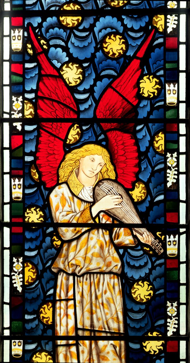 Anděl hrající na loutnu, detail ze spodního středu okna Angels, 1869 (vitráže) (viz také 120165) od William Morris