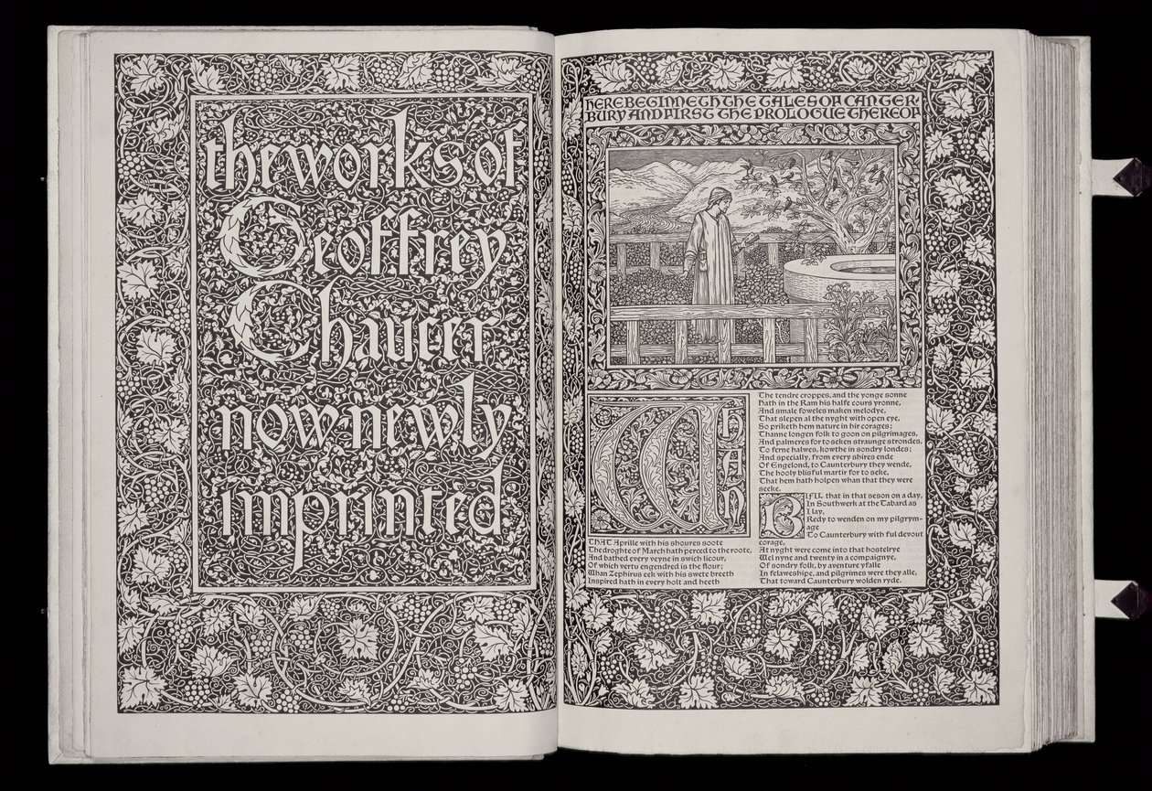 Titulní strana a frontispice z „The Works of Geoffrey Chaucer“, vydané nakladatelstvím Kelmscott Press, 1896 (dřevořez a černé písmo na papíře) od William Morris
