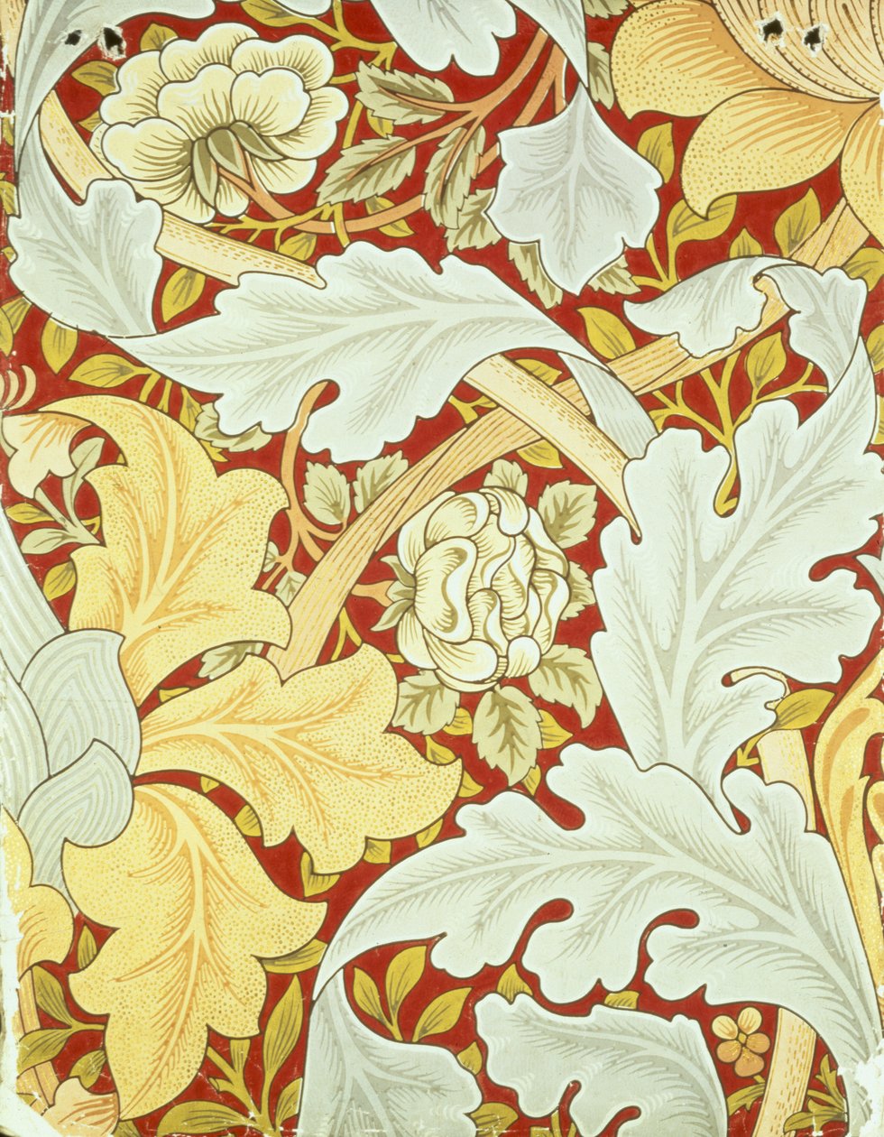 Tapeta s akantovými listy a divokými růžemi na karmínovém pozadí navržená Williamem Morrisem (1834-96) od William Morris