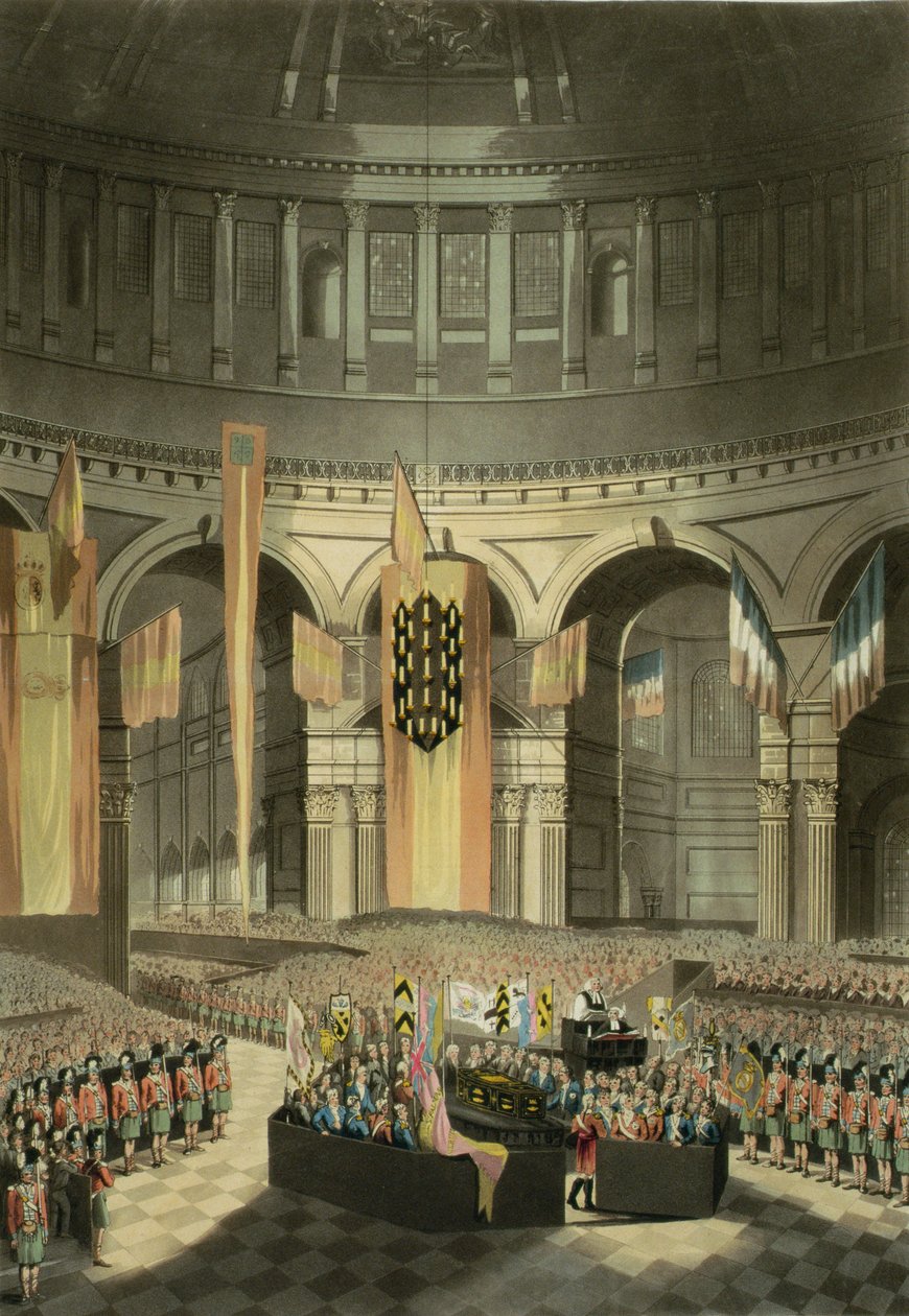Obřad pohřbu lorda Nelsona v katedrále sv. Pavla z „Historie a grafického života Nelsona“, čerpaný ze studie reverenda Holta Waringa, vyrytý J. Clarkem a J. Handlem, 180 od William Orme